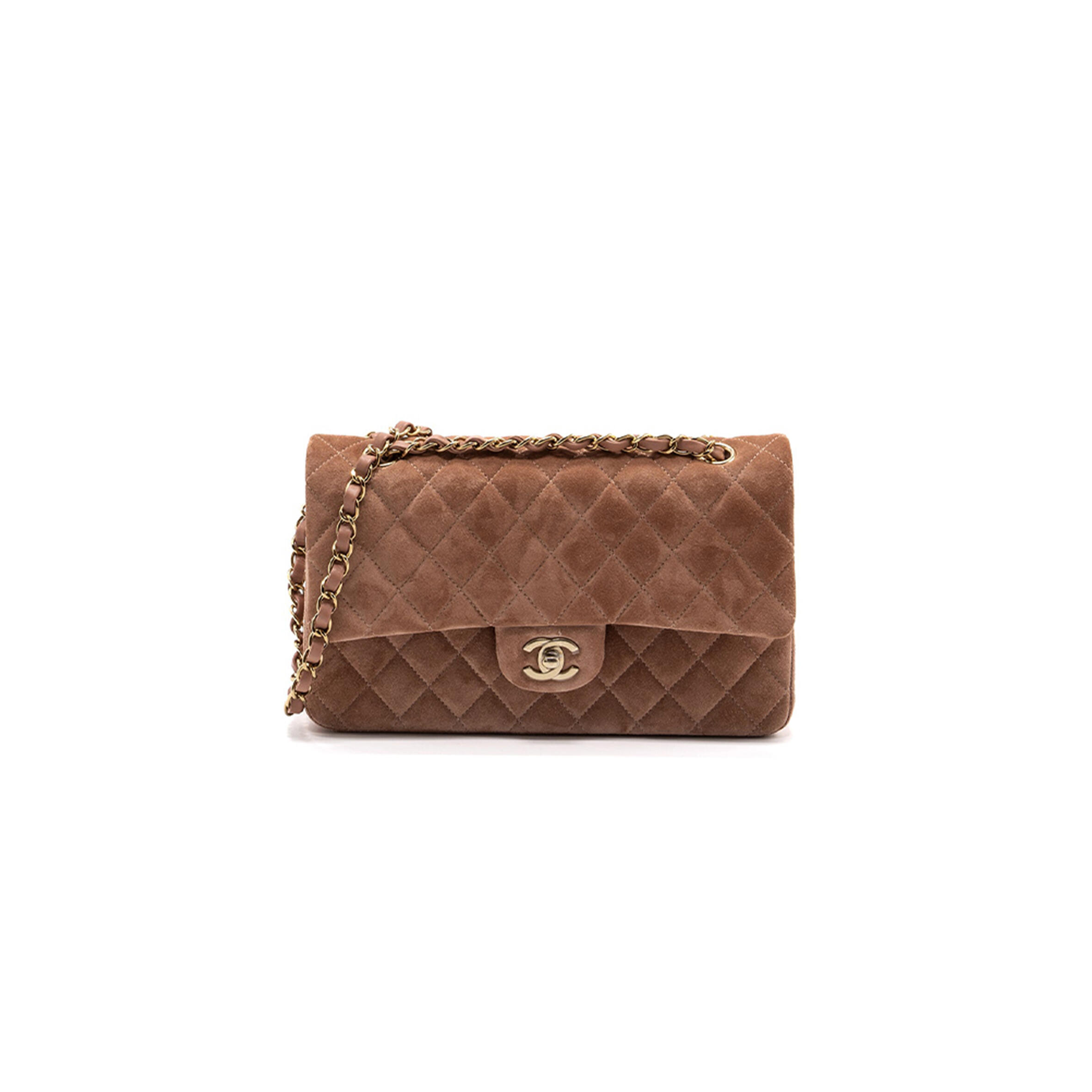 Ch**el medium classic double flap bag suede leather light brown lghw (25*16*6cm)